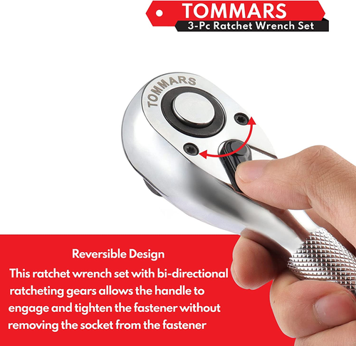 TOMMARS Stubby Ratchet Set, 1/4", 3/8", 1/2" Drive Ratchet Handle Wrench 72-Toot - Picture 7 of 8