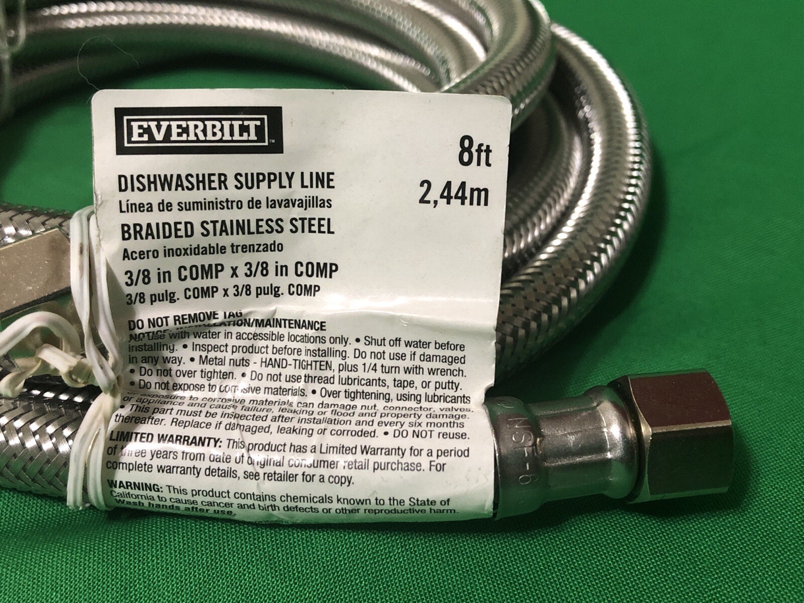 EVERBILT DISHWASHER SUPPLY LINE 3/8" X 3/8" 8ft STAINLESS STEEL NEW