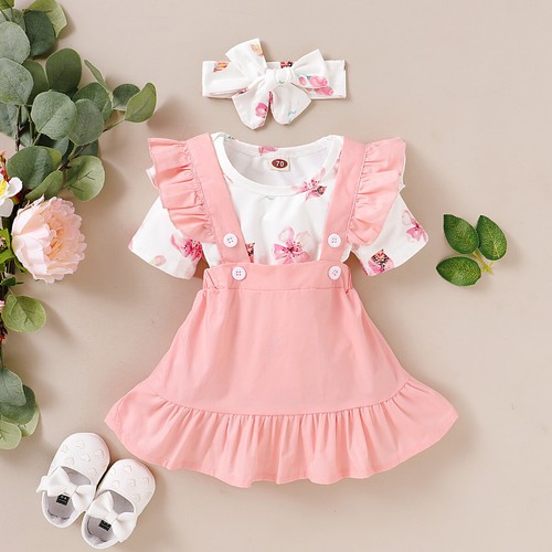 3PCS Newborn Baby Baby Girl Clothes Set Flowers Romper Strappy Dress Headwear - Imagen 1 de 8
