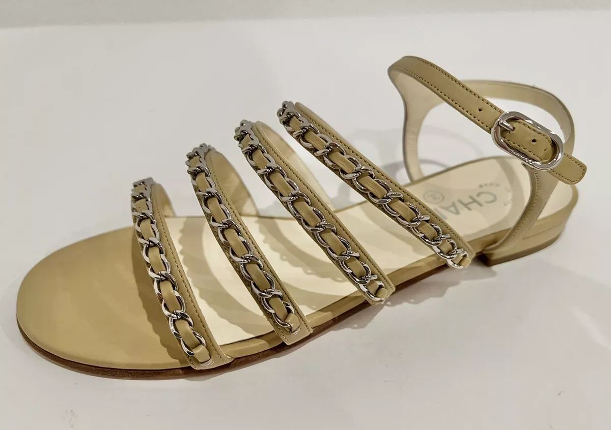 NIB Chanel Beige Leather Silver Chain Strappy Sandals Flats 38