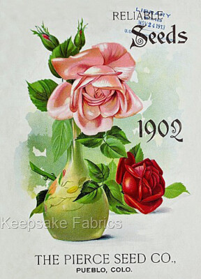 Fabric Block Vintage Roses Seed Catalog Multi Szs FrEE Shipping (101A