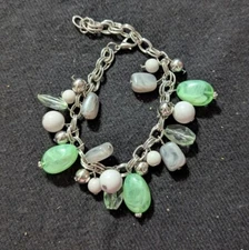 Silver Tone Pastel Green And Grey Beaded Charm Statement Bracelet