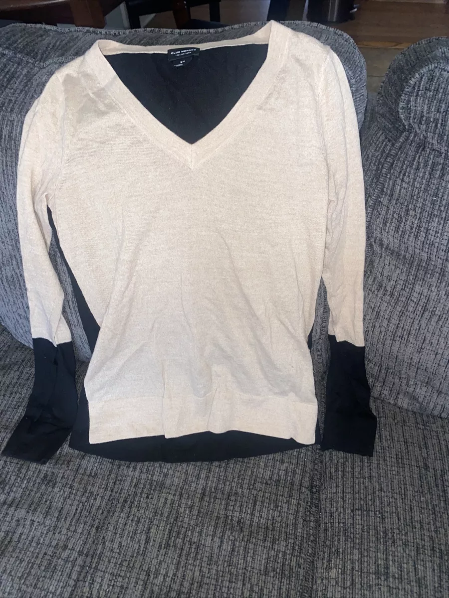 Club Monaco Women Sweater Italian Yarn V Neck Color Block Tan Black 100 Wool