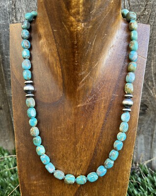 Sterling Silver Blue Green Turquoise Nuggets W Pearls Bead Necklace. 18 inch
