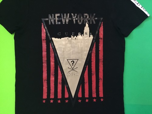 GUESS Los Angeles Men’s Short Sleeve T-Shirt NYC Size SMALL Black w/Beige, Red - Picture 9 of 12