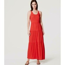 "LOFT" RED CRISSCROSS BACK DOUBLE STRAP TIERED SKIRT MAXI DRESS SIZE: 4P NWT
