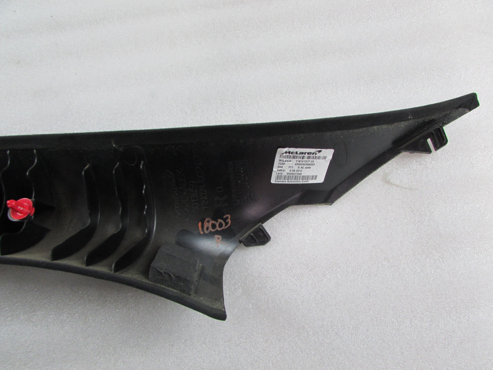 McLaren MP4-12C Spider, Right A-Pillar Interior Trim Panel, Used, P/N 11N1512CP