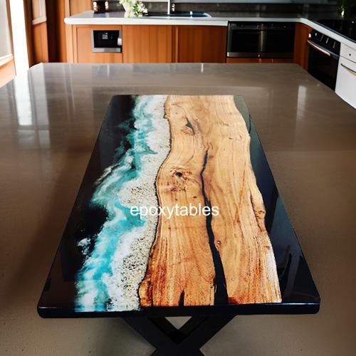 Handcrafted Ocean Wave Epoxy Resin Acacia Wood Dining Table