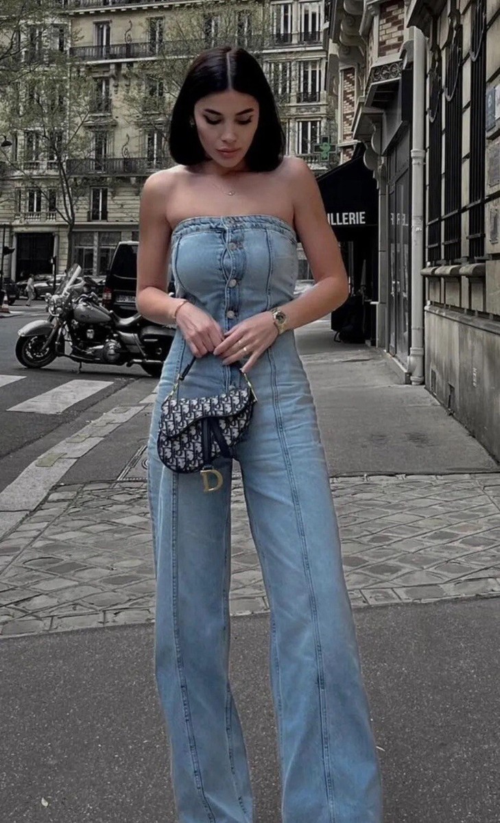 ZARA NEW WOMAN OFF SHOULDER TRF STRAPLESS DENIM JUMPSUIT