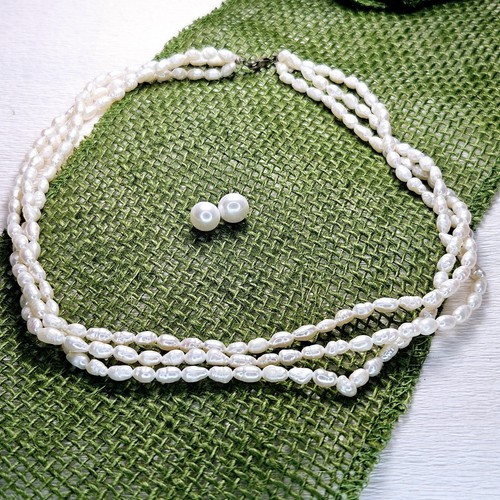 White Fresh Water Pearl Button Earrings Necklace 3 Strand Large Rice 925 Finding - Picture 4 of 6