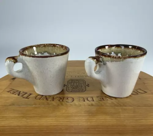 Stoneware Pottery Coffee Tea Cups Mugs Glaze Green Brown Two Pfaltzgraff USA