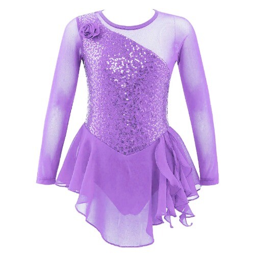 Mädchen Kind Netz Langarm Pailletten Gymnastik Turnanzug Kleid Bühne Performance - Bild 5 von 26