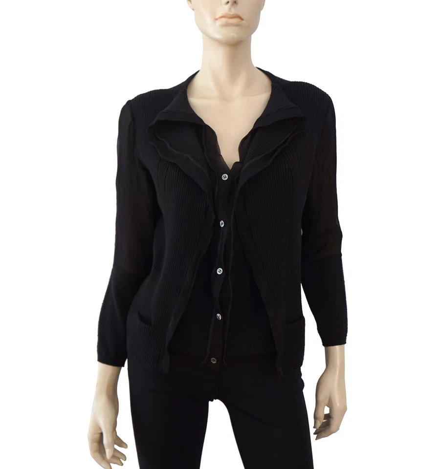 Cardigã NINA RICCI em camadas de lã preta malha painéis de seda trompe L'oeil twinset G - Imagem 2 de 4