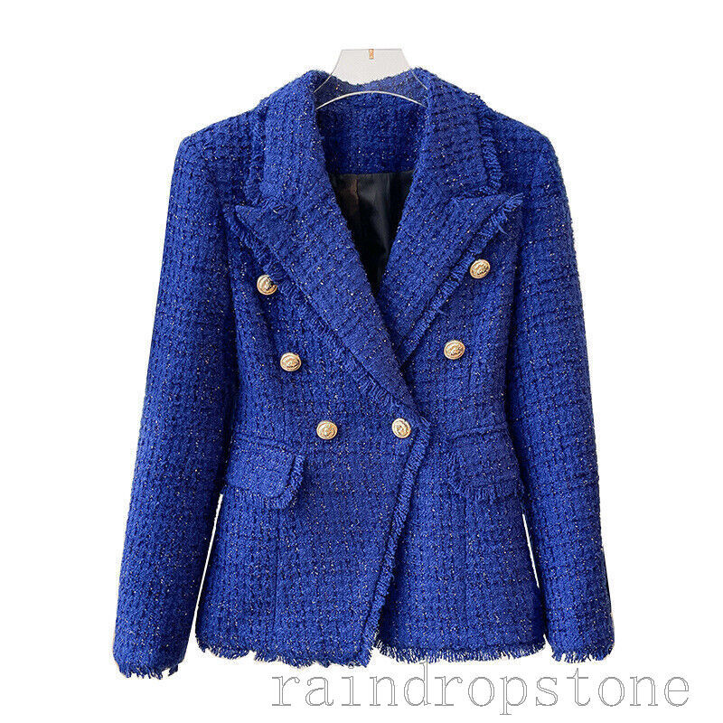 Womens Slim Fit Jacket Tweed Double Breasted Dark Blue