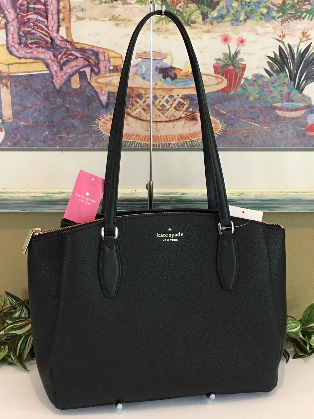 large black leather tote