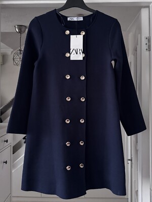 Zara Navy Blue Heavy Knit Mini Dress with Gold Buttons Size S Smart Chic  Stylish | eBay UK