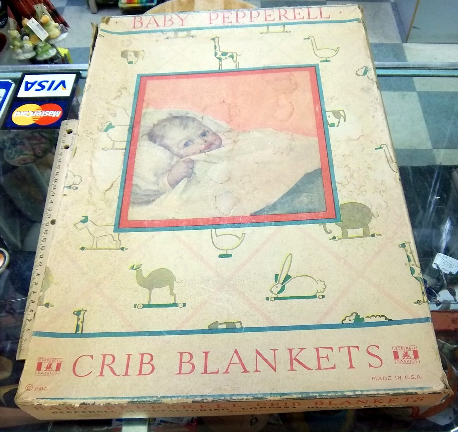 vintage baby Pepperell Crib Blanket in original box, some water