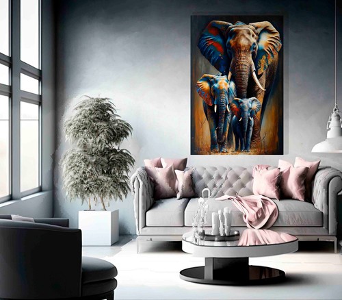 Elephant Family Portrait Colourful Canvas Wall Pictures Abstract Art Prints - Picture 2 of 10