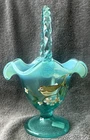 Fenton Robins Egg Blue 10” Basket with Handle and Hand Painted Bird 6335 U6