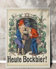 Heute Bockbier Vintage German Beer Gnomes Poster, Printable Wall Art, Rustic