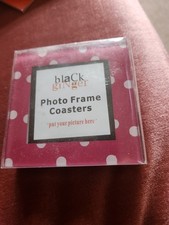 Set of 4 Black Ginger glass photo frame coasters. NEW. Polka-dot frame