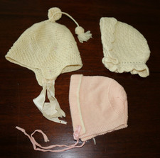 Lot of 3 Vintage Baby Bonnets Knit Hats 1 Pink - 2 Ivory - Knitted Crochet