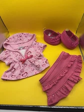 Build A Bear GIRL Workshop PINK Hearts Top Hoodie Skirt Shoes Outfit Lot