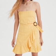 American Eagle Outfitters Yellow Plaid Ruffle Hem Belted Mini Dress M