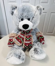 Hugfun International Gray Plush Teddy Bear With Scarf and Mittens Soft Lovey 17”