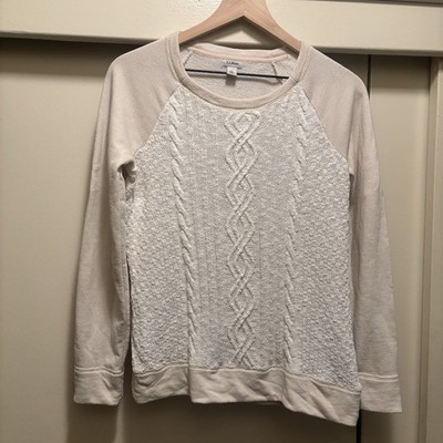 Woman s L.L.Bean brand cable knit panel sweatshirt, neutral beige color. Size S