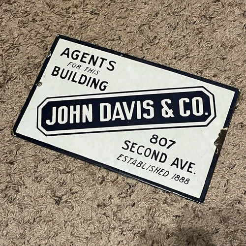 Vintage Building Agent Sign Porcelain Metal John Davis Co. Seattle Washington 🔥