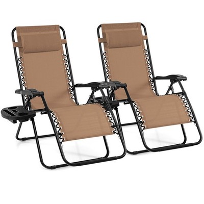 Goplus 2PC Zero Gravity Chairs Lounge Patio Folding Recliner Beige W/Cup Holder