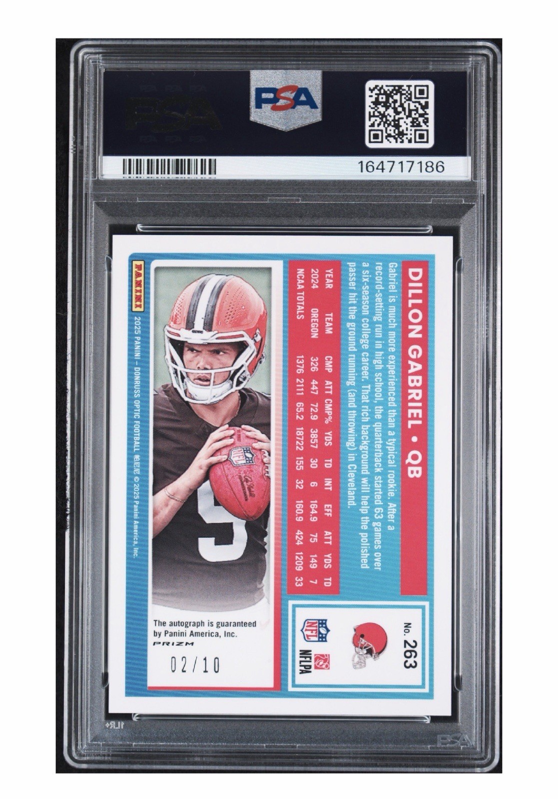 Panini 2025 Donruss Optic Dillon Gabriel Browns Gold Prizm Auto /10 #263 PSA 10 view 2