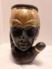 Mid Century Modern 2 Piece Ceramic Head In Hand  Figural Vase With Metal Accents