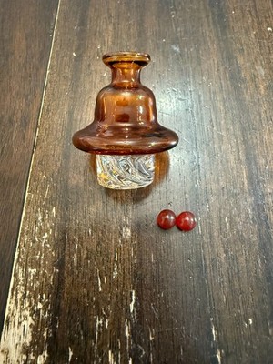 Glass Airflow Directional Spinner Bowl Cap - Wide 25mm Amber w/ Red Ruby Beads