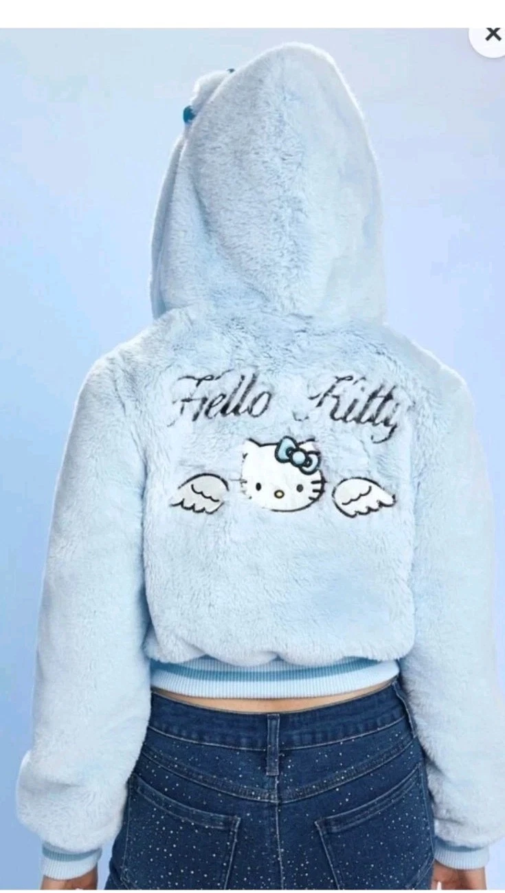 Sanrio HELLO KITTY Forever 21 Baby Blue Angel Faux Fur Hoodie Jacket Womens L
