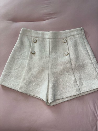 VICI x Gina White High Waisted Textured Tweed Shorts with Gold Buttons