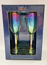 2 Luster Finish Rainbow Iridescent Champagne Flutes Glasses by Simple Dining NIB