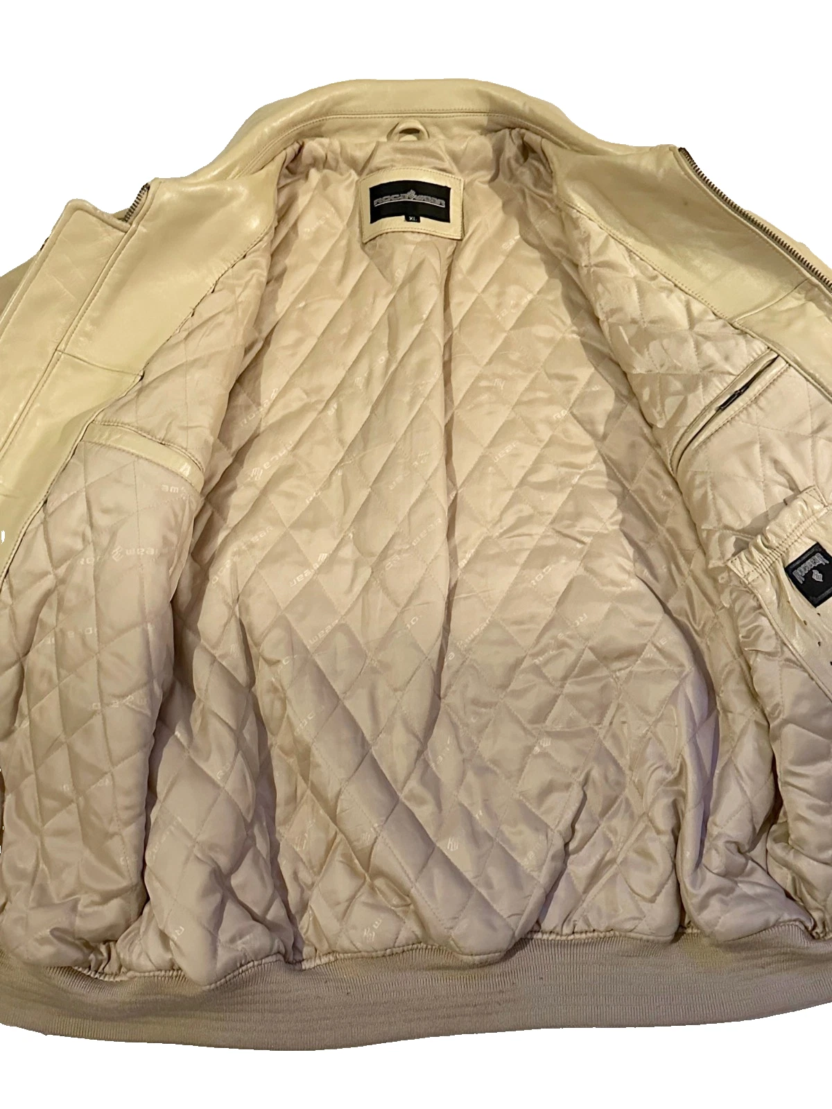 RARE Vintage Y2K Rocawear "Lion Head" Leather Varsity Jacket Beige Black Sz XL image 8