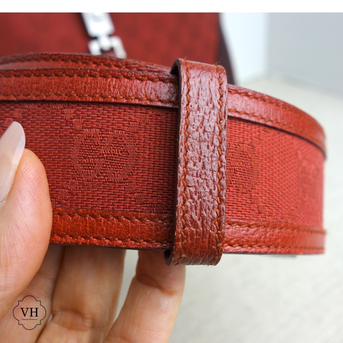 Vintage Gucci Red Belt, gunmetal, burgundy, monogram GG's