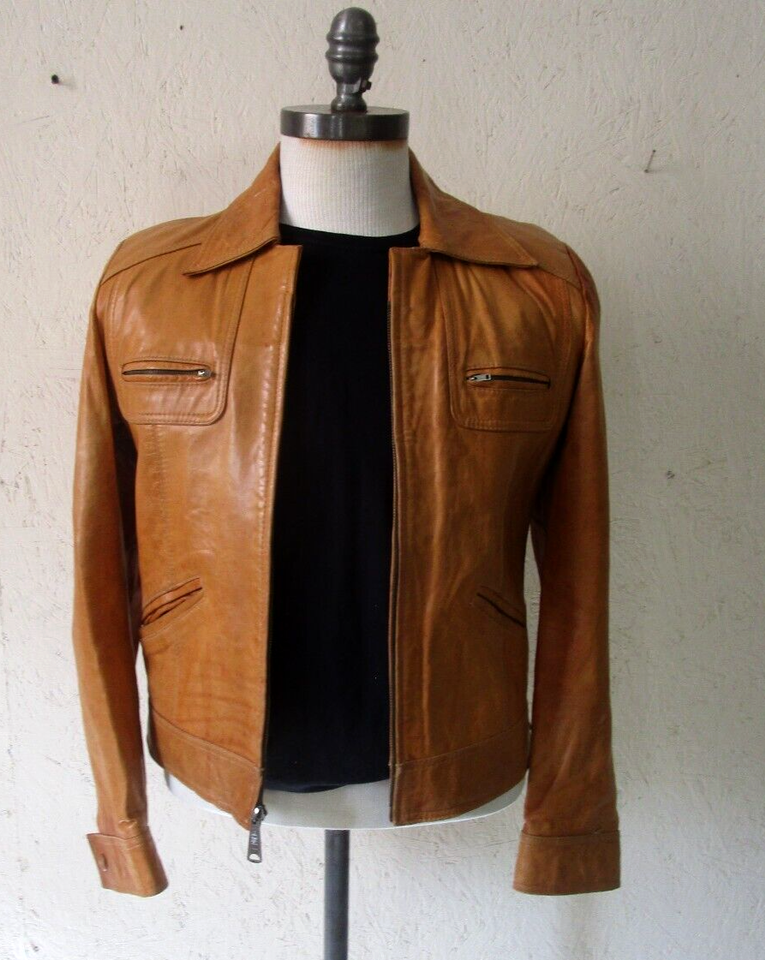 70s Vintage Leather Jacket Soft Butterscotch Made in Mexico Dog Ear