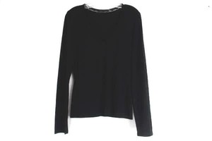 ELIE-TAHARI-Womens-Black-V-Neck-Long-Sleeve-Stretch-Top-Blouse-Lace-Trim-Size-M