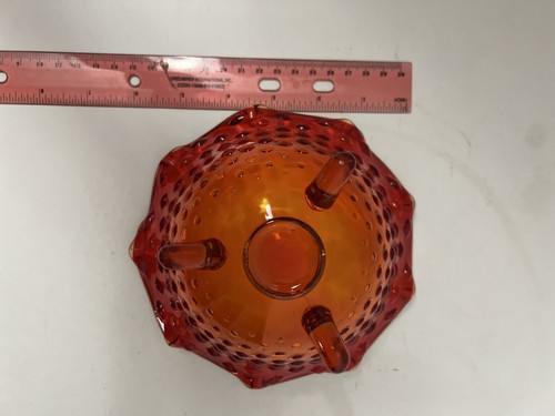 Vintage Amberina Dish  Hobnail Scalloped Edge 3 Footed Orange Gold Red CandyDish - Picture 5 of 14