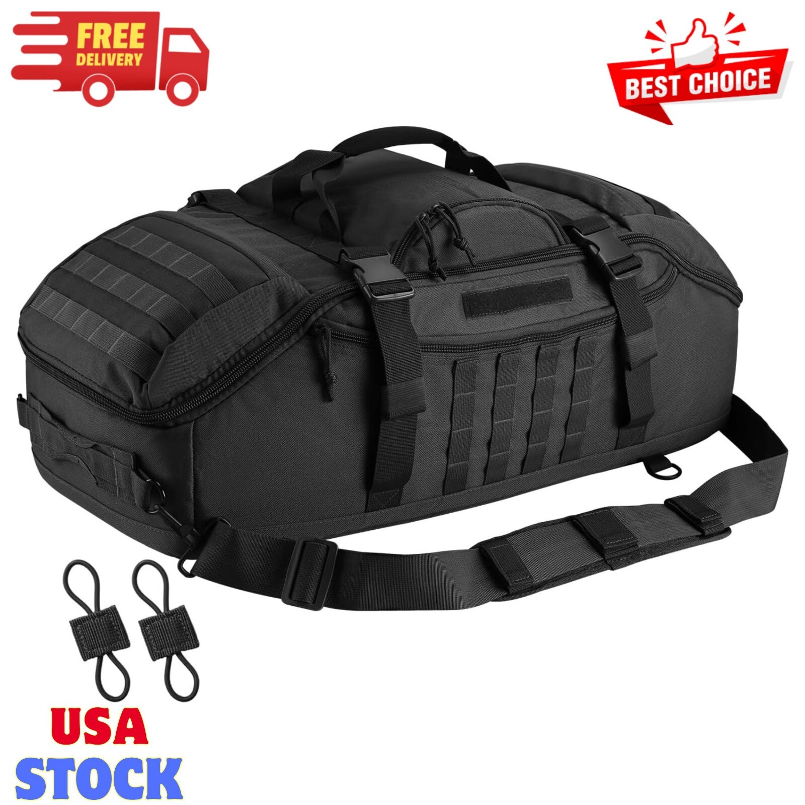 65L Large Duffle Bag, 3-in-1 Tactical Backpack Pack for Sports, Gym, Black