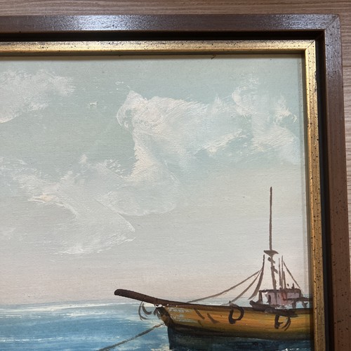 Vintage Painting Harbor Boats Nautical Ocean Wooden Frame Signed 15” X 12” - Picture 4 of 9