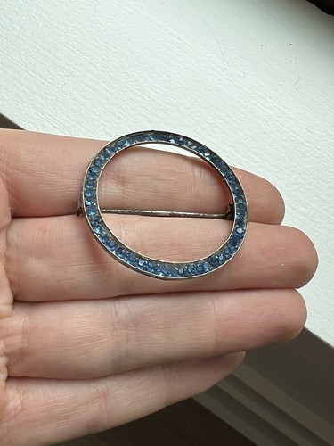 VINTAGE STERLING SILVER BLUE AQUAMARINE RHINESTONE ROUND OPEN OVAL PIN BROOCH - Picture 3 of 9