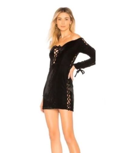 NBD REVOLVE Olivia Lace Up Mini Dress Black Velvet Long Sleeve Size Large NWT