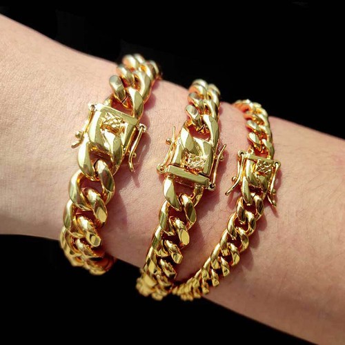Brazalete de eslabones cubanos Miami para hombre chapado en oro de 18 quilates acero inoxidable hip hop 8 mm-18 mm - Imagen 2 de 37