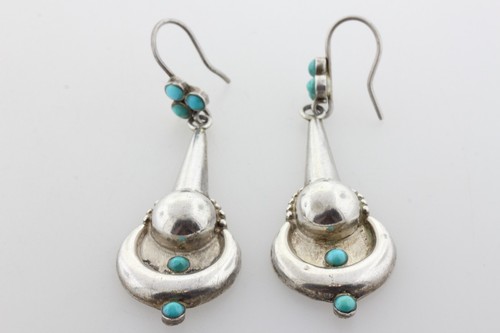 Vintage Southwestern Sterling Silver 925 Crescent Cone Shaped Turquoise Earrings - Picture 2 of 7