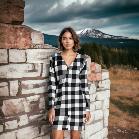 Dress Black And White Buffalo Plaid Shirt Womens Womens Buffalo Plaid Shirt  Dress Black White Button
